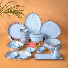 Bộ Bát Đĩa Bát Tràng Men Biển Xanh Kim Sa
